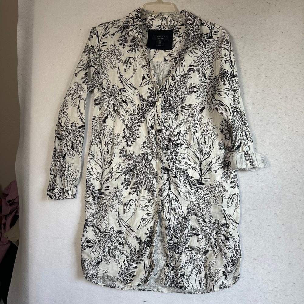 Tahari Women Small White Black Linen Botanical Print Button Front Shirt Dress